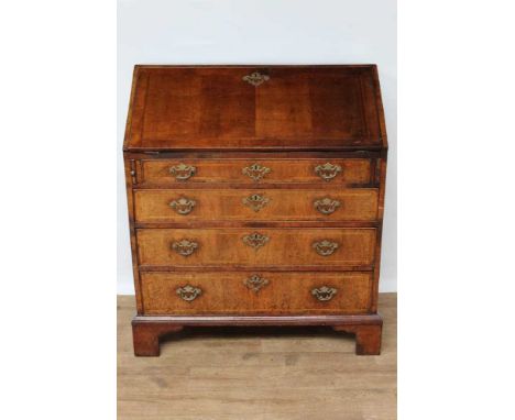Mid 18th century walnut crossbanded bureau, with fitted interior and four graduated drawers on bracket feet, 91cm wide x 53cm