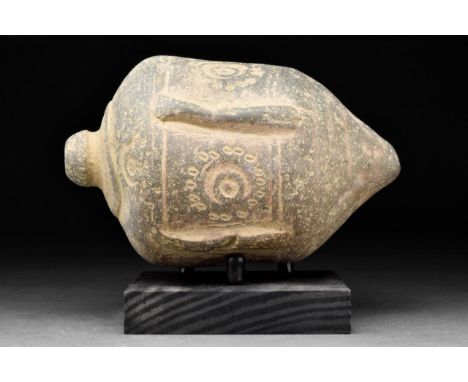 Circa 800-1000 AD A late Roman, early Byzantine glazed ceramic grenade, also referred to as “Greek Fire”. This hollow ceramic