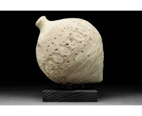 Circa 800-1000 AD A late Roman, early Byzantine glazed ceramic grenade, also referred to as “Greek Fire”. This hollow ceramic