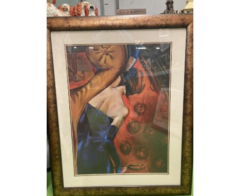 A FRAMED PRINT OF A LADY ON A CHAISE LONGE 