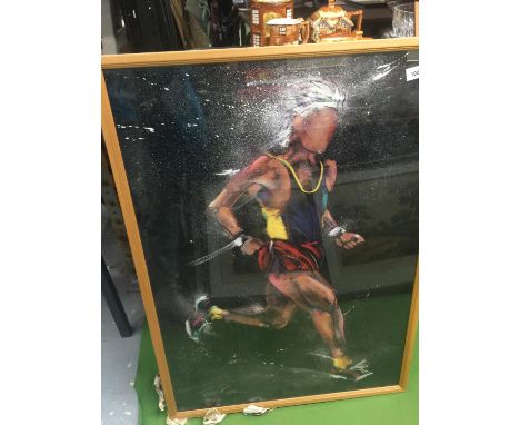 A LARGE FRAMED PRINT OF A RUNNER BY TOP ON LINE ARTIST TERRY ROSE 