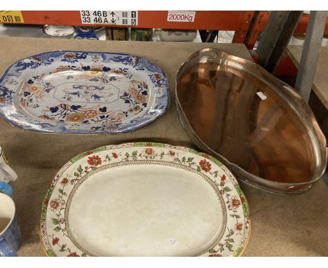 TWO LARGE VINTAGE SERVING PLATTERS PLUS A VERY LARGE SILVER PLATED GALLERIED TRAY 