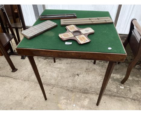 A FOLDING CARD TABLE, TWO SNOOKER/POOL SCOREBOARDS, DOMINO PEG BOARD ETC 