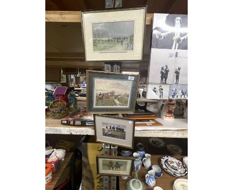 A FRAMED PRINT BY LIONEL EDWARDS R.I OF BRAMHALL MOOR AT BICKERTON BAR OF A HUNTING SCENE TOGETHER WITH 3 OTHERS 