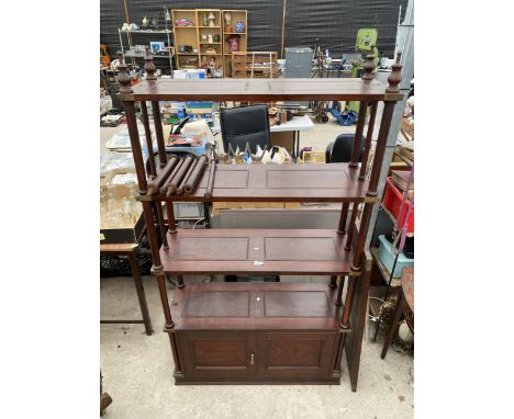 20TH CENTURY HARDWOOD CAMPAIGN OPEN BOOKSHELVES WITH TURNED COLUMNS AND FINIALS, HAVING TWO DOORS TO THE BASE, N.B. THIS ITEM