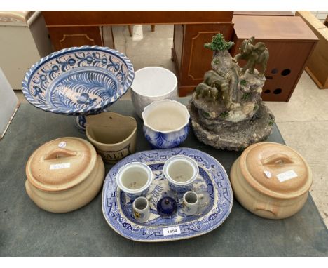 A COLLECTION OF CERAMIC WARE TO INCLUDE A BLUE AND WHITE DISH, TWO STONE WARE TUREENS AND AN ELEPHANT FEATURE ETC 
