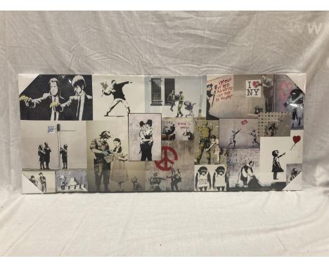 A LARGE RECTANGULAR WALL ART "BANKSY" PRINT - 120 X 50 CM 