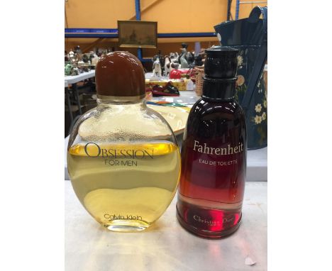 TWO SHOP DISPLAY AFTERSHAVE BOTTLES TO INCLUDE CHRISTIAN DIOR 'FAHRENHEIT' AND CALVIN KLEIN 'OBSESSION FOR MEN', HEIGHT 26CM 