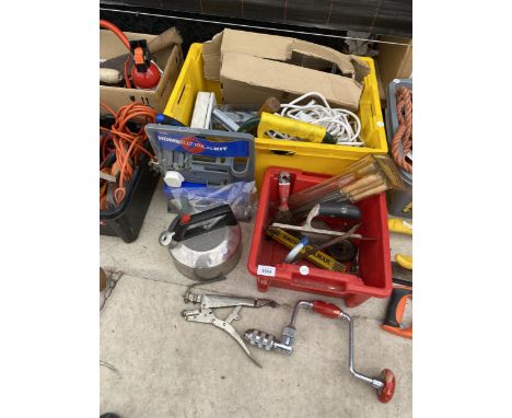 AN ASSORTMENT OF TOOLS TO INCLUDE FILES, A BRACE DRILL AND A WHEEL WRENCH ETC 