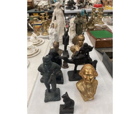 A QUANTITY OF CERAMIC, METAL AND BRASS FIGURINES TO INCLUDE TWO BUSTS, A CAMEL, EGYPTIAN STYLE, PARIAN WARE, ETC 