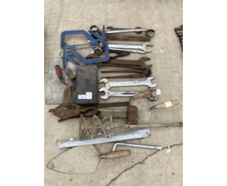 AN ASSORTMENT OF TOOLS TO INCLUDE SPANNERS AND CLAMPS ETC 