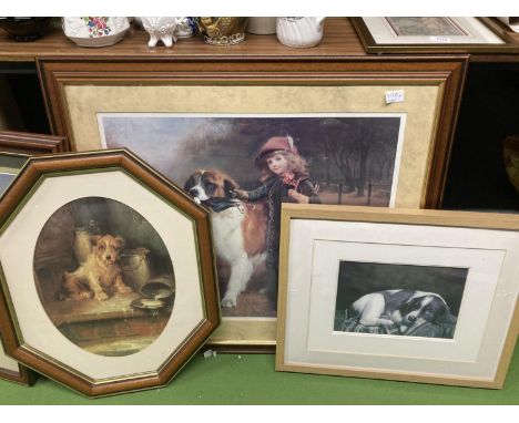 A LARGE PRINT OF A GIRL WITH ST BERNARD DOG, PLUS TWO OTHER DOG PRINTS 