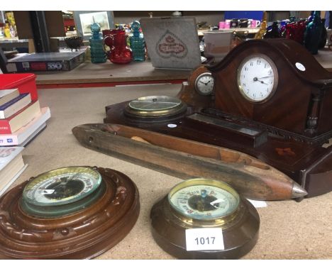 TWO VINTAGE WOODEN CASED MANTLE CLOCKS, THREE BAROMETERS - TWO WITH CRACKED GLASS AND A SHUTTLE AND BOBBIN 