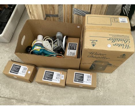 AN ASSORTMENT OF ITEMS TO INCLUDE A WATER DISTILLER, AN ELECTRIC SANDER AND LIGHT FITTINGS ETC 