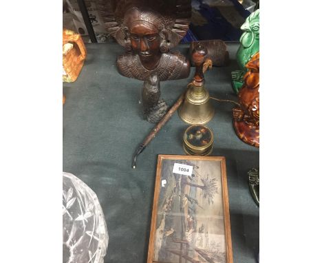 A HAND CARVED ASIAN STYLE BUST OF A LADY WITH ELABORATE CARVING, BRASS HAND BELL WITH WOODEN HANDLE, BRASS TRINKET BOX, PIPE,