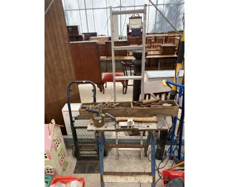 AN ASSORTMENT OF TOOLS TO INCLUDE A WORK BENCH, A SACK TRUCK AND A VINTAGE BLOW TORCH ETC 