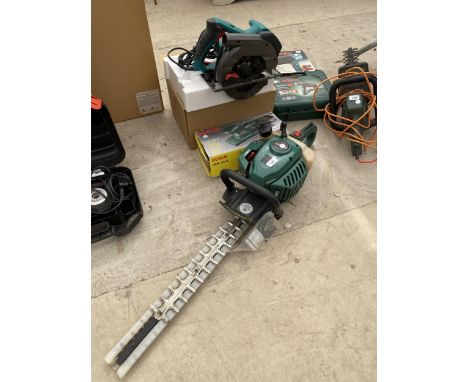 A QUALCAST PETROL HEDGE TRIMMER, A BOSCH ELECTRIC SANDER AND A HYCHIKA CIRCULAR SAW 