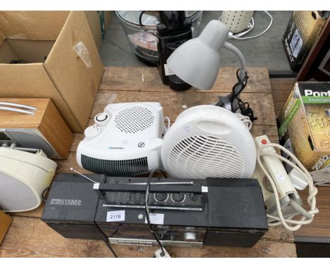 TWO ELECTRIC HEATERS, A LAMP, AN IRON AND A RETRO RADIO 