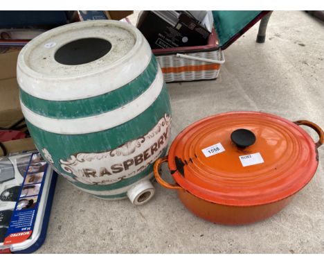 A CERAMIC RASPBERRY BARREL AND A LE CREUSET COOKING POT 