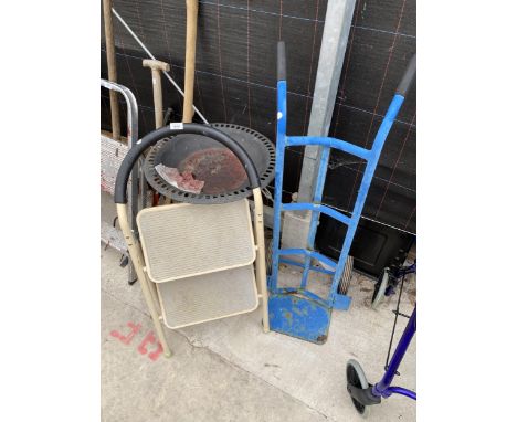 A METAL TWO WHEELED SACK TRUCK AND A TWO RUNG STEP LADDER 