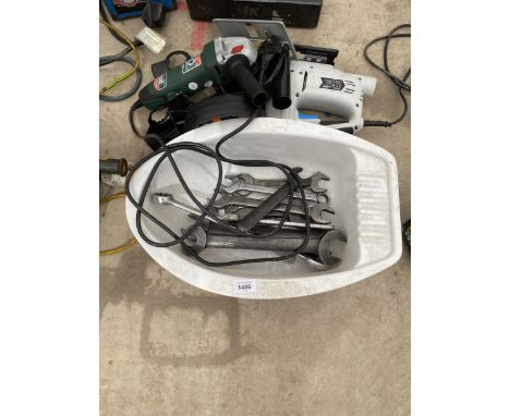 AN ASSORTMENT OF SPANNERS, A PARKSIDE ANGLE GRINDER AND A MACCALLISTER JIGSAW ETC 