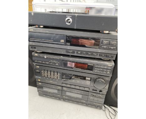 A JVC STEREO SYSTEM TO INCLUDE CD PLAYER, CASSETTE DECK AND TWO SPEAKERS ETC 