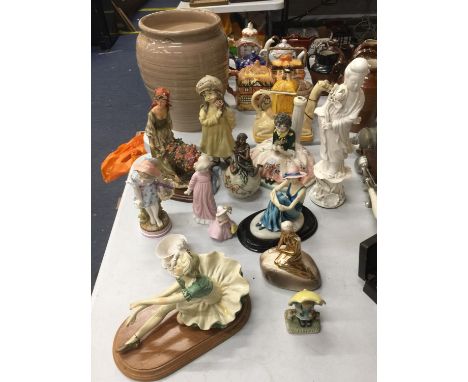 A QUANTITY OF CERAMIC LADY FIGURES TO INCLUDE A BALLERINA ON WOODEN BASE, LEONARDO, ETC 