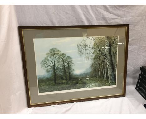 A LARGE LIMITED EDITION 324/750 FRAMED PRINT OF A HUNTING SCENE SIGNED CAESAR SMITH 95CM X 71.5CM 