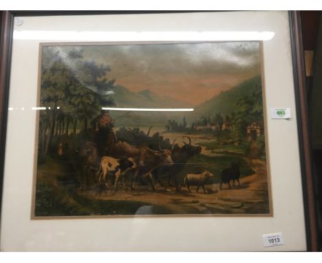 A VINTAGE STYLE PRINT OF A PATORAL SCENE WITH COWS, ETC PLUS A LAWSON WOOD VINTAGE 'MONKEY' PRINT 