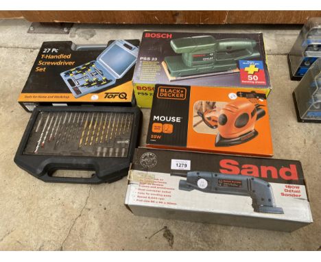 AN ASSORTMENT OF TOOLS TO INCLUDE A BOSCH SANDER, A PALM SANDER AND A DRILL BIT SET ETC 