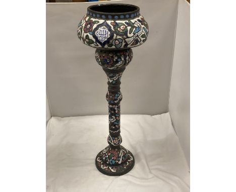 A HEAVY METAL ARABIC STYLE JARDINIERE WITH ENAMEL DETAILING H: 60CM 