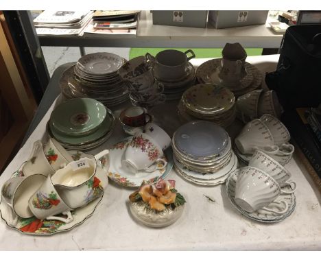 A LARGE COLLECTION OF VINTAGE CHINA AND CERAMIC CUPS, SAUCERS, PLATES, ETC TO INCLUDE MYOTT, GLADSTONE CHINA, JOHNSON BROS., 