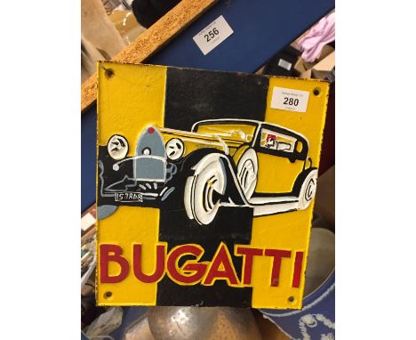 A CAST BUGATTI YELLOW AND BLACK SIGN 
