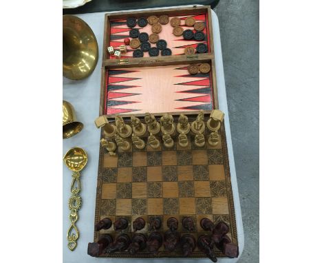 A WOODEN CHESS BOARD WITH RESIN ROMAN FIGURE CHESS PIECES - 3 A/F PLUS A BACKGAMMON/DRAUGTS BOARD WITH COUNTERS 