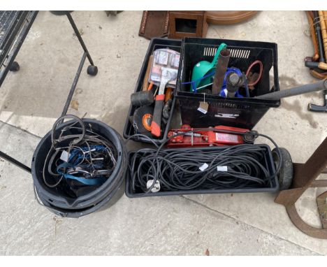 AN ASSORTMENT OF TOOLS TO INCLUDE A TROLLEY JACK, HORSE TACK AND A FOOT PUMP ETC 