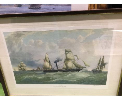 A LARGE GILT FRAMED PRINT 'THE WHALER PHOENIX OFF GREENWICH - 1820' BY J. STEVEN DEWS, SIGNED LIMITED EDITION 52/800 98CM X 7