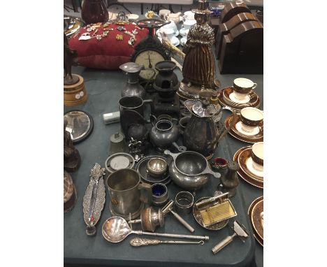 A MIXED LOT TO CONTAIN PEWTER JUGS, TANKARD, INKWELLS, ETC PLUS VINTAGE SCALES, HARMONICA, SCENT BOTTLE, CIGARETTE CASE, ETC 