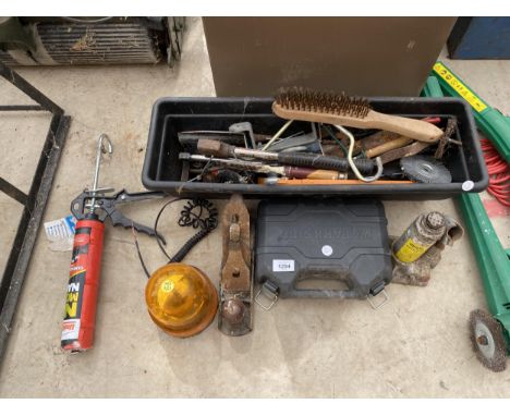 AN ASSORTMENT OF TOOLS TO INCLUDE A WOOD PLANE, AXE AND A FLASHING LIGHT ETC 