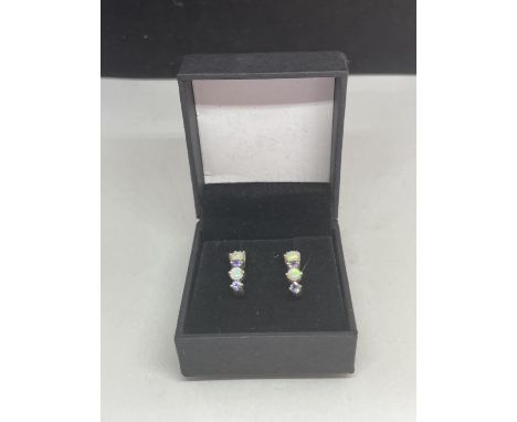 A PAIR OF SILVER EARRINGS WITH OPAL AND PURPLE STONES 