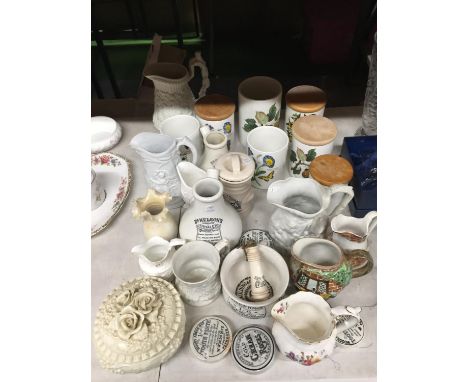A LARGE QUANTITY OF CERAMIC ITEMS TO INCLUDE PARIEN WARE JUGS, PORTMERION 'BOTANIC GARDEN' AND 'POMONA' STORAGE CANNISTERS, P