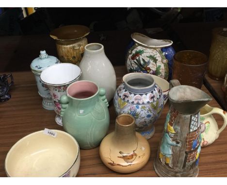 A HANDPAINTED RADFORD CERAMIC WATER JUG WITH DRINKING SCENE, AN ART DECO ARTHUR WOOD BOWL, SHORTER &amp; SONS VASE, SMOKED GL