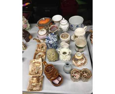 A QUANTITY OF CERAMIC ITEMS TO INCLUDE NEWHALL PIN TRAYS, TEAPOT, LIDDED JARS, VASES, PLANTER, ETC 