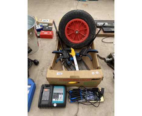 AN ASSORTMENT OF TOOLS TO INCLUDE A BATTERY CHARGER, FILES AND CLAMPS ETC 