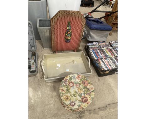 A LARGE WOODEN TRAY, A FIRE SCREEN AND A HAT BOX 