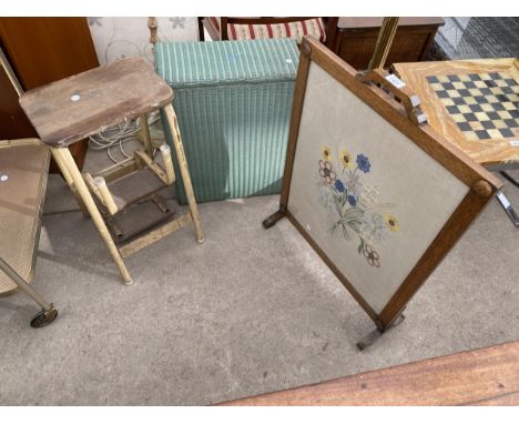 A LLOYD LOOM LINEN BASKET, NEEDLEWORK OAK FRAMED FIRESCREEN AND STEP STOOL 