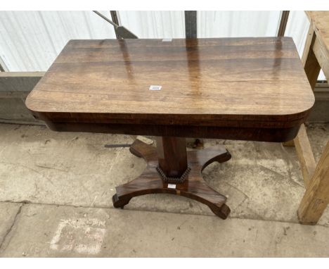 A VICTORIAN ROSEWOOD FOLD OVER CARD TABLE, 35.5" WIDE 