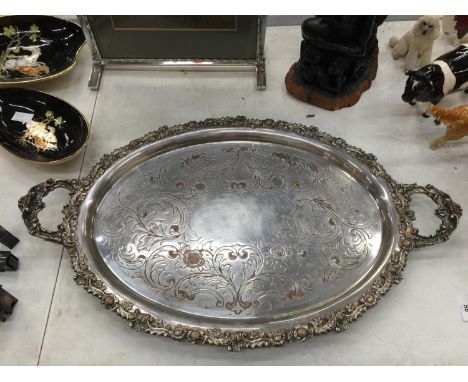 A LARGE VINTAGE SILVER PLATED TRAY 68CM X 41CM 
