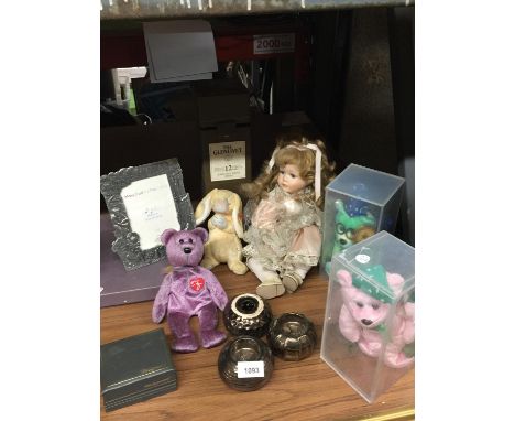 A VINTAGE PORCELAIN DOLL, MARY HAD A LITTLE LAMB PICTURE FRAME, TWO CELEBRITY BEARS IN CASES, TY RABBIT ETC 