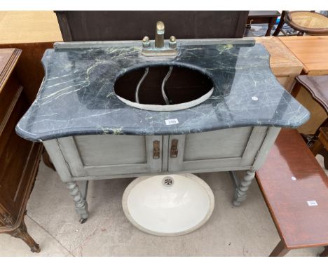 A PAINTED EARLY 20TH CENTURY WASHSTAND WITH LATER MARBLE TOP AND CERAMIC SINK 