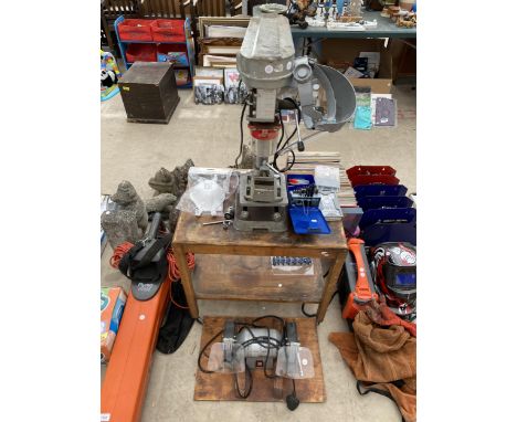 A WICKES PILLAR DRILL, A 6" BENCH GRINDER, DRILL BITS AND A VICE ETC 